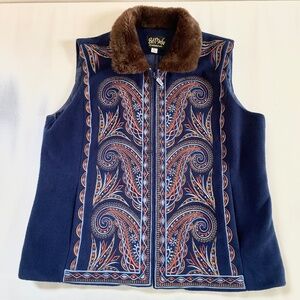 Bob Mackie Women Fleece Vest XL Faux Fur Collar Paisley Boho Western Embroidered